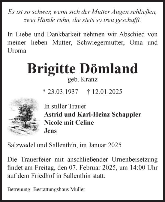 Traueranzeige von Brigitte Dömland von Volksstimme Altmark West