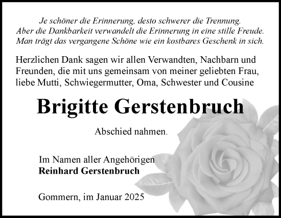 Traueranzeige von Brigitte Gerstenbruch von Volksstimme Burg/Genthin