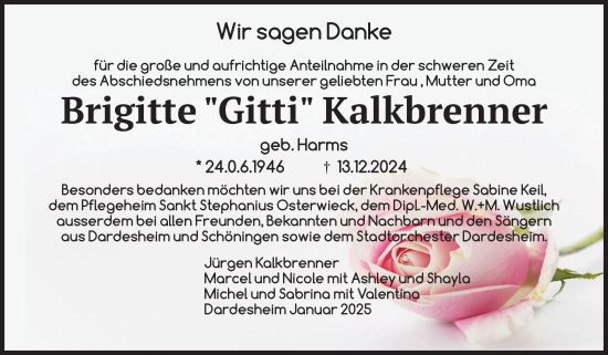 Traueranzeige von Brigitte Kalkbrenner von Volksstimme Halberstadt