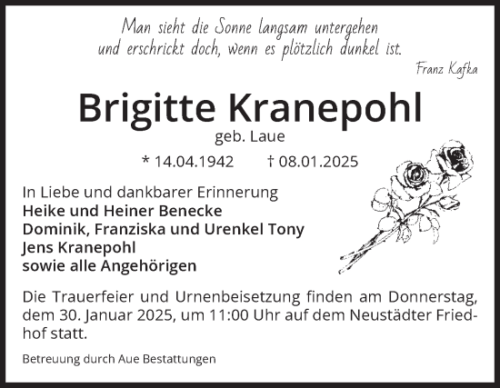 Traueranzeige von Brigitte Kranepohl von Volksstimme Magdeburg