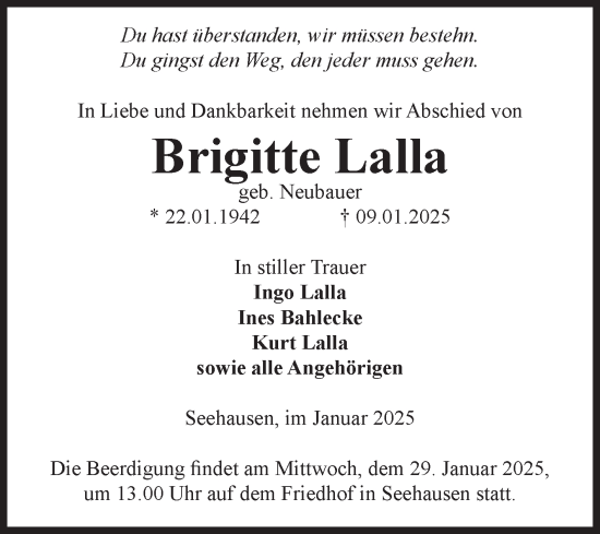 Traueranzeige von Brigitte Lalla von Volksstimme Altmark Ost
