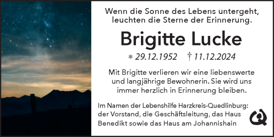Traueranzeige von Brigitte Lucke von Super Sonntag Quedlingburg