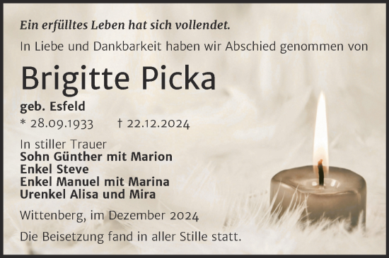 Traueranzeige von Brigitte Picka von Trauerkombi Wittenberg