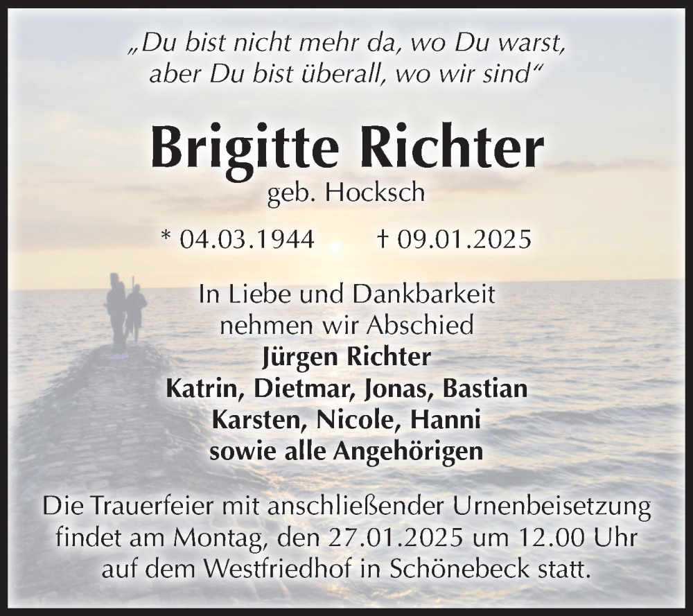  Traueranzeige für Brigitte Richter vom 18.01.2025 aus Volksstimme Schönebeck