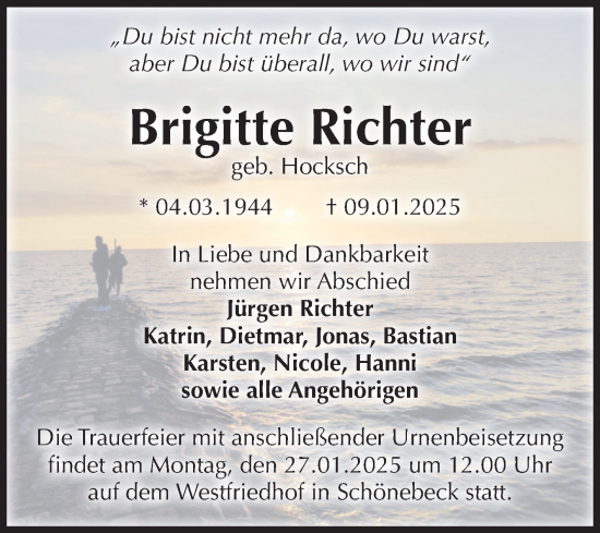 Traueranzeige von Brigitte Richter von Volksstimme Schönebeck