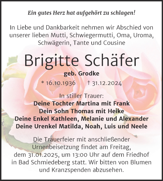 Traueranzeige von Brigitte Schäfer von Trauerkombi Wittenberg