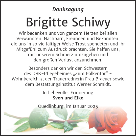 Traueranzeige von Brigitte Schiwy von Trauerkombi Quedlinburg