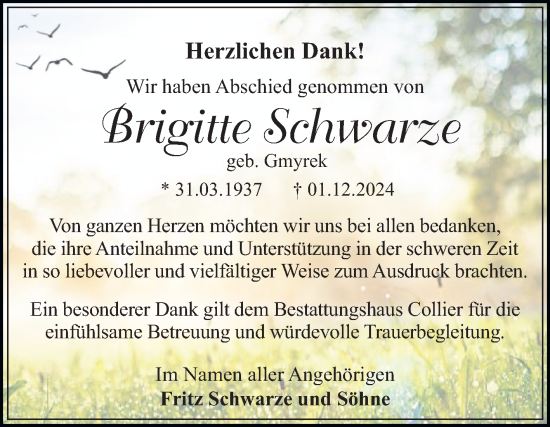 Traueranzeige von Brigitte Schwarze von Trauerkombi Dessau