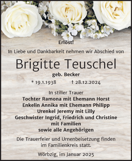Traueranzeige von Brigitte Teuschel von Trauerkombi Köthen