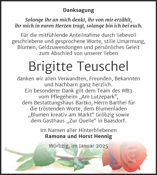 Traueranzeige von Brigitte Teuschel von Trauerkombi Köthen