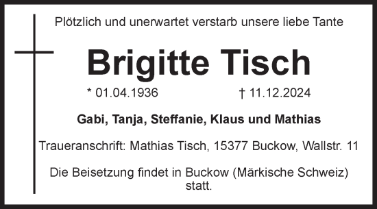 Traueranzeige von Brigitte Tisch von Volksstimme Burg/Genthin