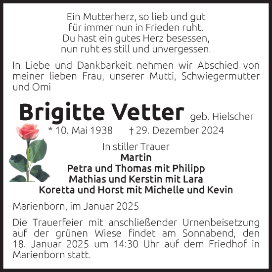 Traueranzeige von Brigitte Vetter von Volksstimme Oschersleben/Wanzleben