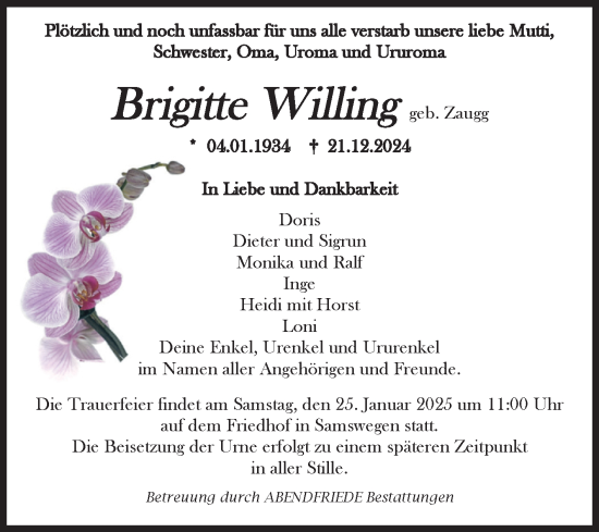 Traueranzeige von Brigitte Willing von Volksstimme Haldensleben/Wolmirstedt