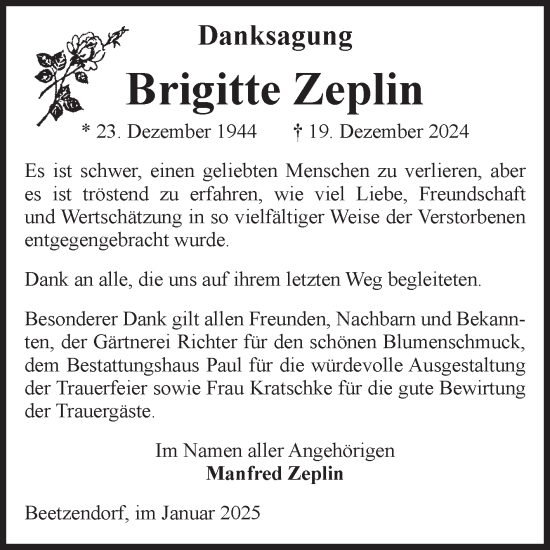Traueranzeige von Brigitte Zeplin von Volksstimme Altmark West