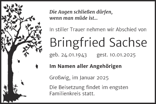 Traueranzeige von Bringfried Sachse von Trauerkombi Wittenberg