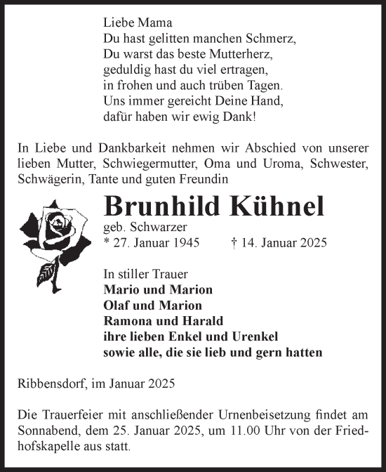 Traueranzeige von Brunhild Kühnel von Volksstimme Haldensleben/Wolmirstedt
