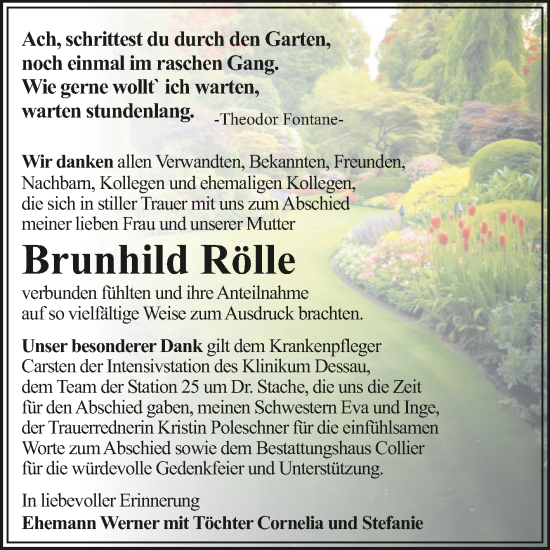 Traueranzeige von Brunhild Rölle von Trauerkombi Dessau