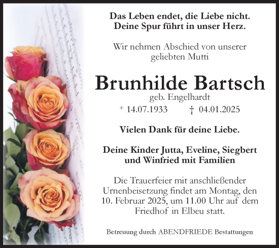 Traueranzeige von Brunhilde Bartsch von Volksstimme Haldensleben/Wolmirstedt