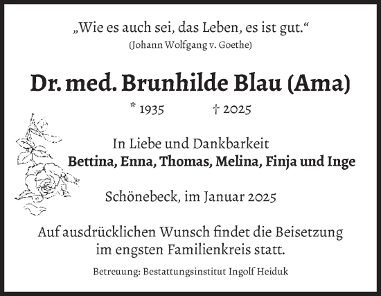 Traueranzeige von Brunhilde Blau von Volksstimme Schönebeck