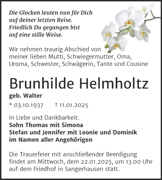 Traueranzeige von Brunhilde Helmholtz von Trauerkombi Sangerhausen