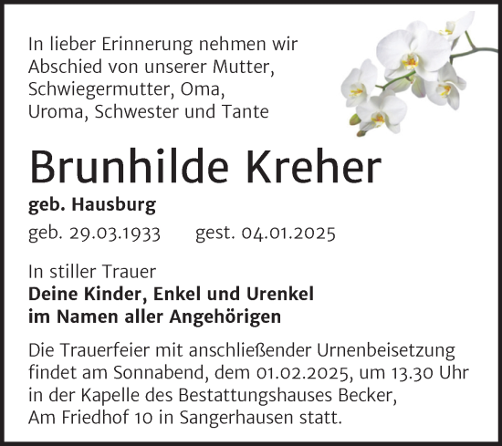 Traueranzeige von Brunhilde Kreher von Trauerkombi Sangerhausen