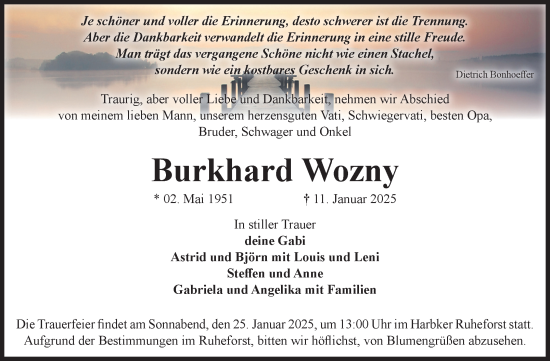 Traueranzeige von Burkhard Wozny von Volksstimme Haldensleben/Wolmirstedt