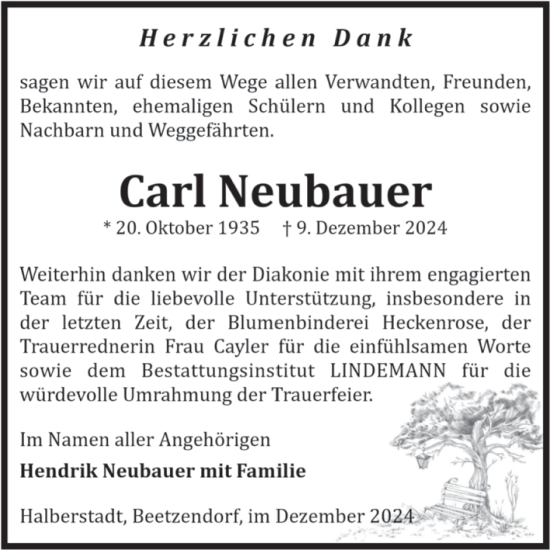 Traueranzeige von Carl Neubauer von Volksstimme Halberstadt
