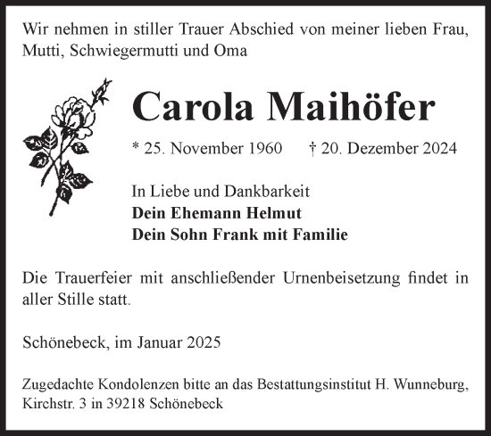 Traueranzeige von Carola Maihöfer von Volksstimme Schönebeck
