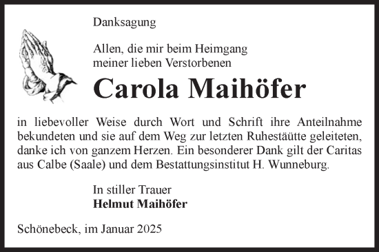 Traueranzeige von Carola Maihöfer von Volksstimme Schönebeck