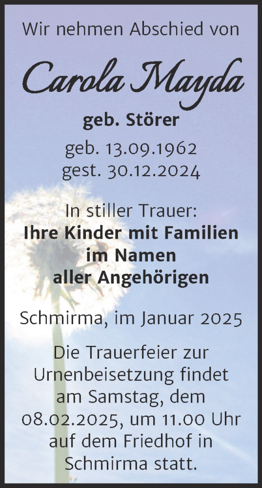 Traueranzeige von Carola Mayda von Trauerkombi Merseburg