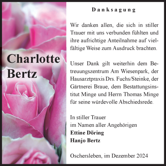 Traueranzeige von Charlotte Bertz von Volksstimme Oschersleben/Wanzleben