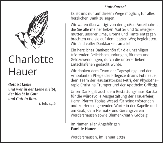 Traueranzeige von Charlotte Hauer von Trauerkombi Köthen