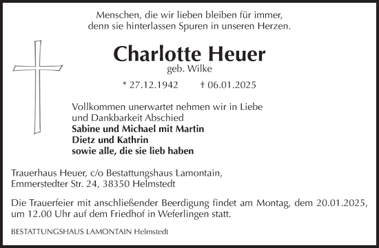 Traueranzeige von Charlotte Heuer von Volksstimme Haldensleben/Wolmirstedt