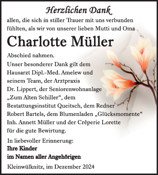 Traueranzeige von Charlotte Müller von Trauerkombi Köthen