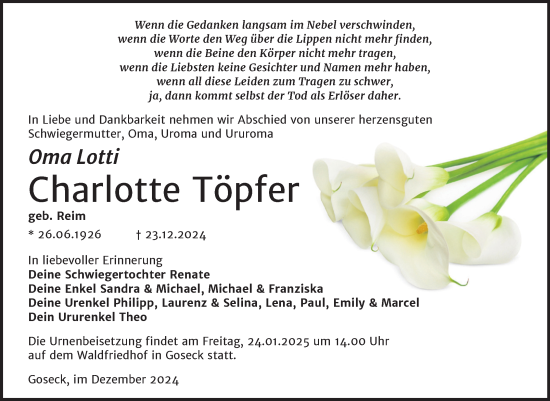 Traueranzeige von Charlotte Töpfer von Trauerkombi Weißenfels
