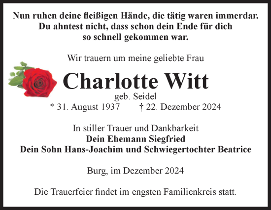 Traueranzeige von Charlotte Witt von Volksstimme Burg/Genthin
