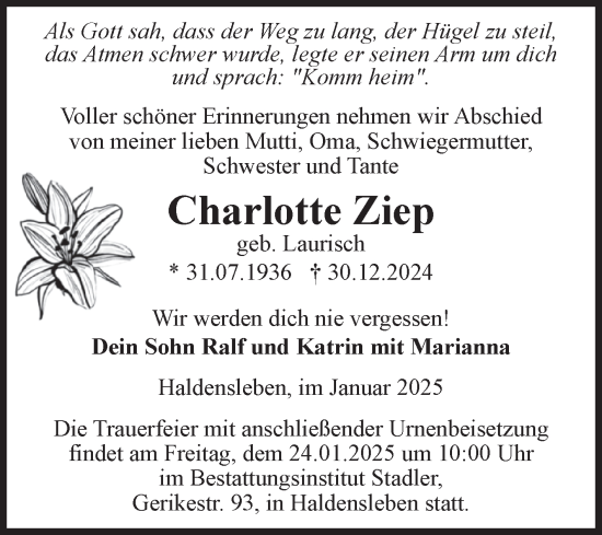Traueranzeige von Charlotte Ziep von Volksstimme Haldensleben/Wolmirstedt