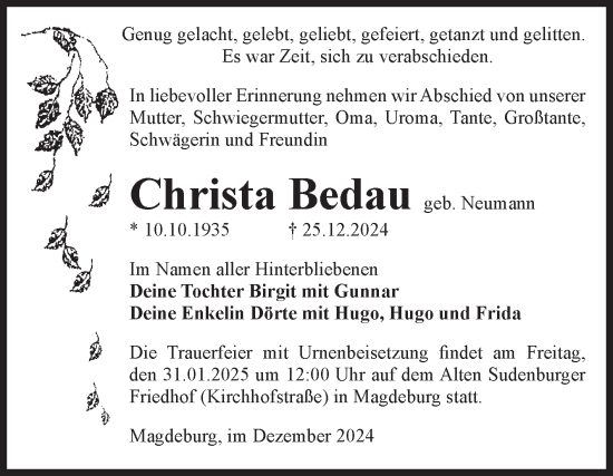 Traueranzeige von Christa Bedau von Volksstimme Magdeburg