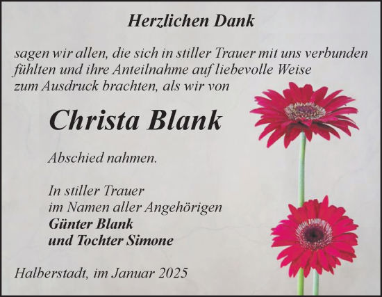 Traueranzeige von Christa Blank von Volksstimme Halberstadt