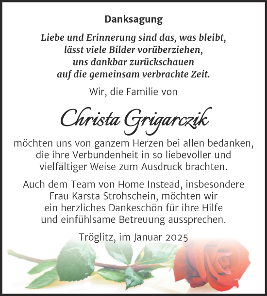 Traueranzeige von Christa Grigarczik von Trauerkombi Zeitz