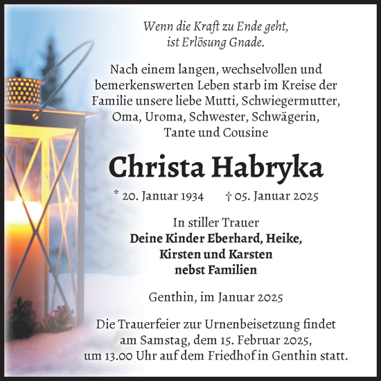 Traueranzeige von Christa Habryka von Volksstimme Burg/Genthin
