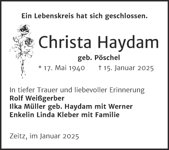 Traueranzeige von Christa Haydam von Trauerkombi Zeitz