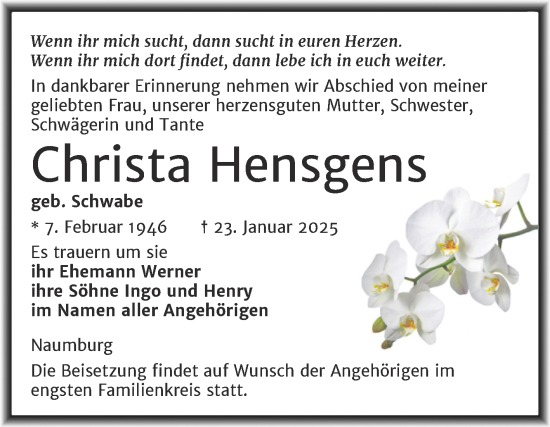 Traueranzeige von Christa Hensgens von Naumburger Tageblatt