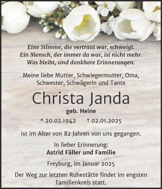 Traueranzeige von Christa Janda von Super Sonntag Naumburg/Nebra