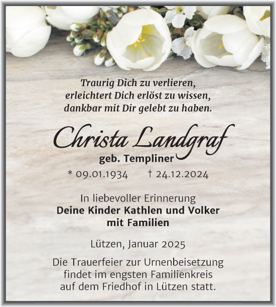 Traueranzeige von Christa Landgraf von Trauerkombi Weißenfels