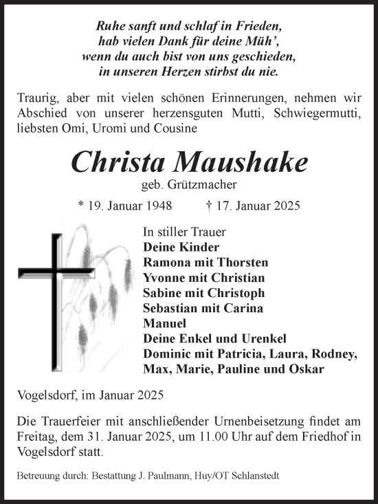 Traueranzeige von Christa Maushake von Volksstimme Halberstadt