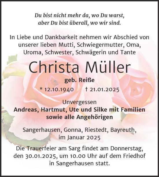 Traueranzeige von Christa Müller von Trauerkombi Sangerhausen