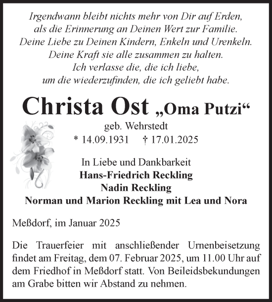 Traueranzeige von Christa Ost von Volksstimme Altmark Ost