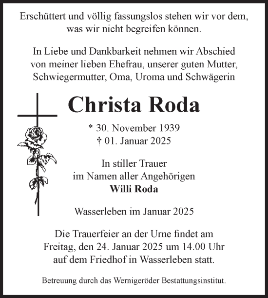 Traueranzeige von Christa Roda von Volksstimme Wernigerode