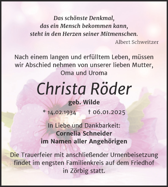 Traueranzeige von Christa Röder von Trauerkombi Bitterfeld